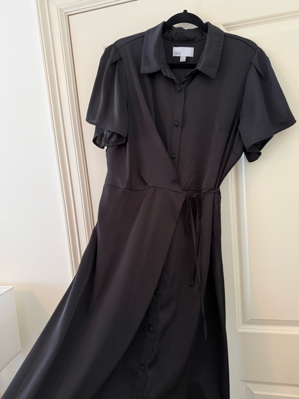 Black Midi Wrap Shirt Dress with Tie Waist